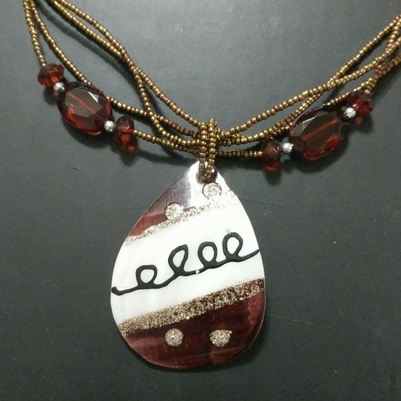 Brown Shell Bead Multi Strand Pendant Statement Necklace - Picture 2 of 2